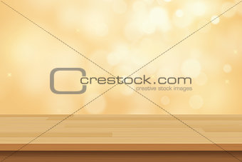 vector wood table top on golden bokeh abstract background