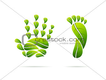 Ecological leaves concept icons. Hand and foot shaped. Vector illustration.
