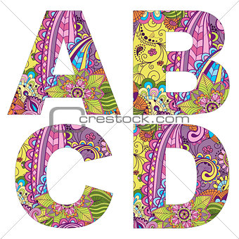 English alphabet with colorful vintage pattern