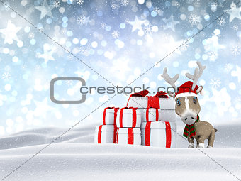 3D reindeer and gifts in snowy landscape