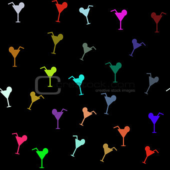 Vector seamless pattern with colorful cocktails on black background