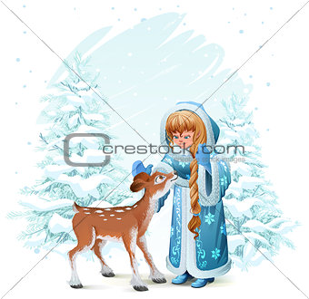 Snow Maiden in blue fur coat and fawn among pine trees in winter forest