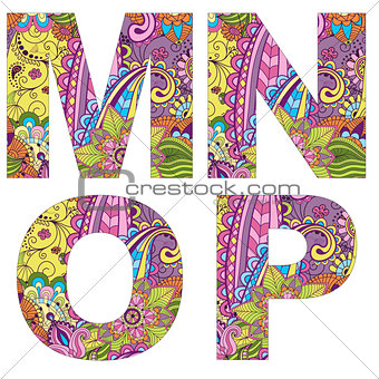 English alphabet with colorful vintage pattern 
