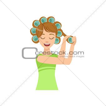 Woman Curling The Hair Home Spa Treatment Procedure