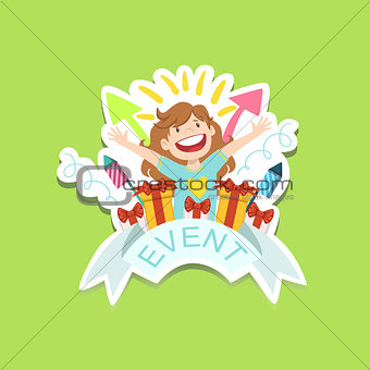 Event Template Label Cute Sticker With Little Girl And Presents