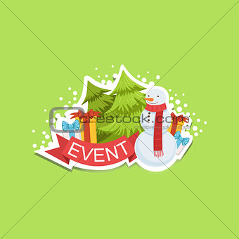 Event Template Label Cute Sticker With Snowman And Fir Trees