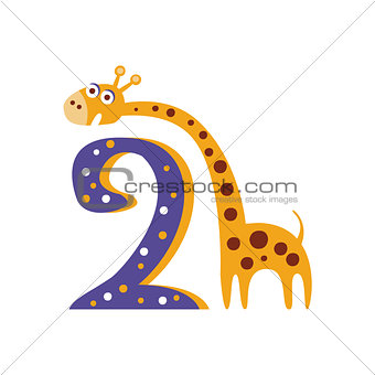 Giraffe Standing Next To Number Two Stylized Funky Animal