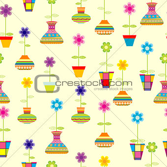 Seamless with spring colorful flowers in pots