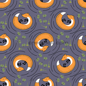 Orange foxes, plants and pine vector seamless pattern