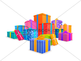 Group of bright, colorful wrapped gift boxes on white