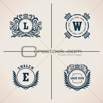 Calligraphic flourishes luxury monogram set. Line frame template logo for elegant emblem