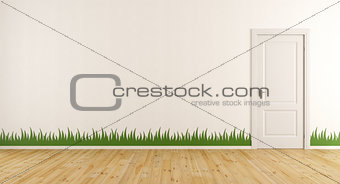 White room with closed door and grass