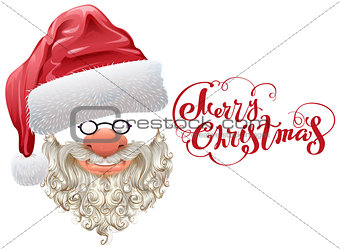 Red santa hat, beard and Merry Christmas lettering
