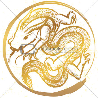 Ink hand drawn stylized chinese dragon round emblem