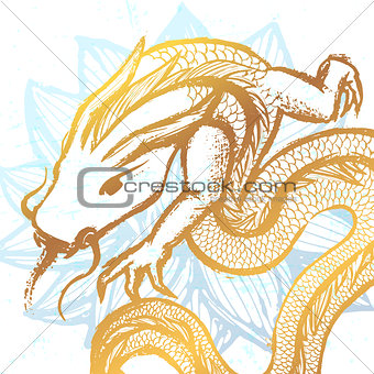 Ink hand drawn stylized chinese dragon illustration on water lil