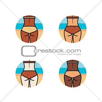 Healthy woman buttocks on the beach. Different skin colors
