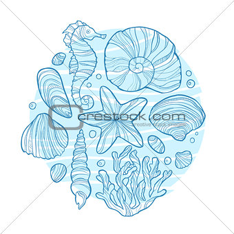 Hand drawn monochrome sketch of little scallop shell isolated on white background.