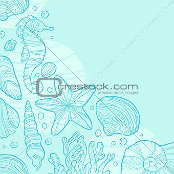 Background with seashells, rocks, seahorse, waves and place for text.