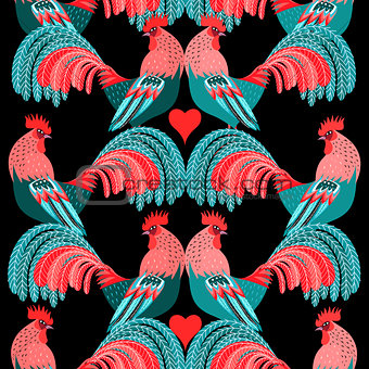Bright pattern of decorative roosters