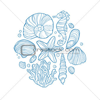 Hand drawn monochrome sketch of shell, seahorse, starfish, coral and others sea life in circle.