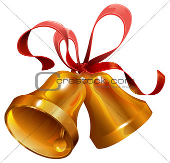 Two gold Christmas jingle bell with red ribbon