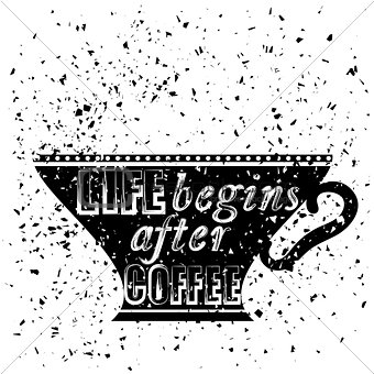 Black Coffee Cup on Grunge Particles Background