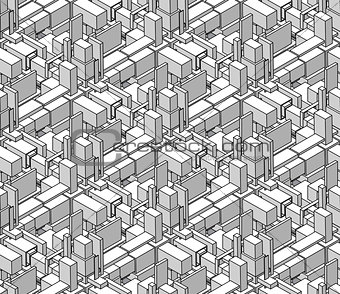 Vector Seamless Black And White Shaded Isometric Blocks Cubic City Composition Pattern