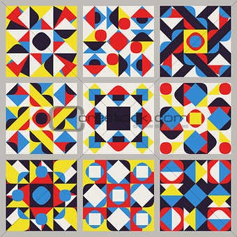 Set of Nine Vector Seamless Blue Red Yellow White Color Retro Geometric Ethnic Square Quilt Pattern Collection
