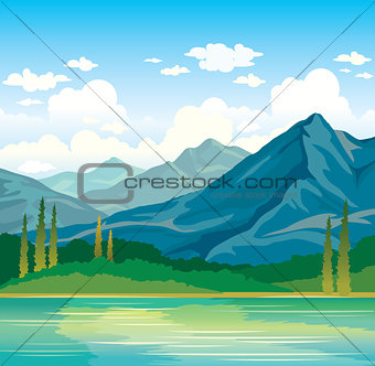 Summer landscape - mountains, forat, lake.