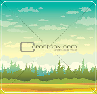 Autumn landscape with forest and grass.