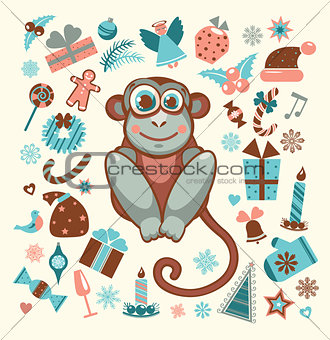 Monkey and set of new year elements.