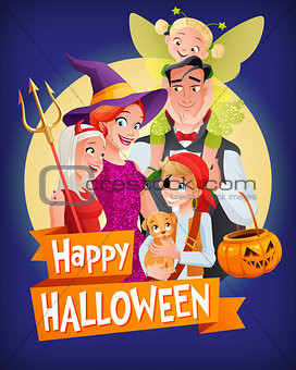 Halloween vampire, witch, devil, pirate, fairy. Vector family with text.