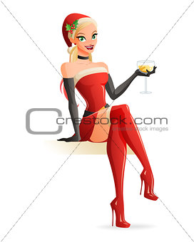 Woman in Christmas Santa costume sitting with champagne. Vector illustration.