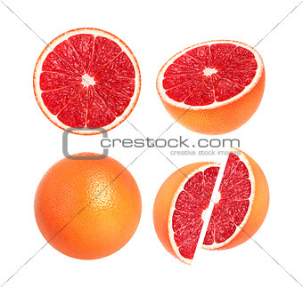 Collection of whole grapefruit and slices isolated on white background