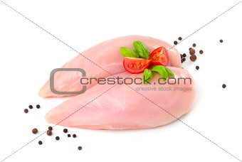 Two raw chicken breasts on white background.