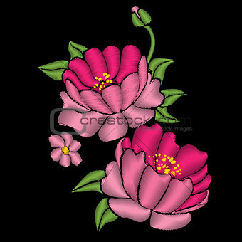 Pink peonies with leaves.