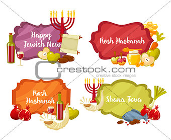 Rosh Hashanah, Shana Tova or Jewish New year cartoon flat vector frames and lables set . Cartoon flat style vector illustration