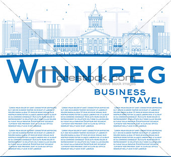 Outline Winnipeg Skyline with Blue Buildings and Copy Space.