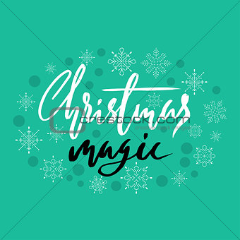 Gold handwritten calligraphic inscription Christmas Magic with pattern of green confetti and snowflakes. Holiday lettering. EPS10