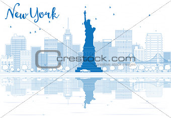 Outline New York city skyline with blue buildings.