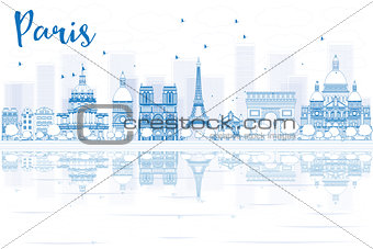 Outline Paris skyline with blue buildings and reflections.