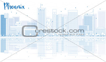 Outline Phoenix skyline with blue buildings and reflections.
