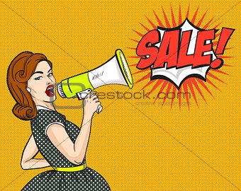 Pop Art. Woman, SALE, discounts, sign. vector illustration.