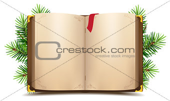 Open book with blank pages and red bookmark. Green Christmas pine branch