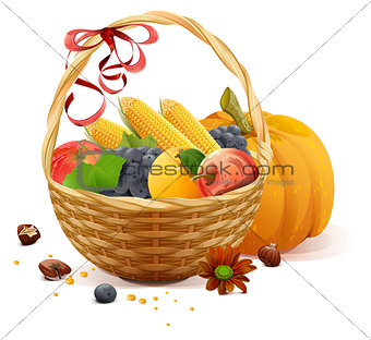 Fruits and vegetables in wicker basket. Rich harvest for Thanksgiving day