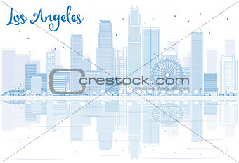 Outline Los Angeles skyline with blue buildings and reflections.
