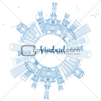 Outline Madrid Skyline with Blue Buildings and Copy Space. 