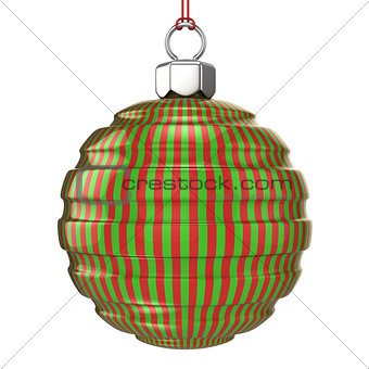 Red and green striped Christmas ball isolated on white backgroun