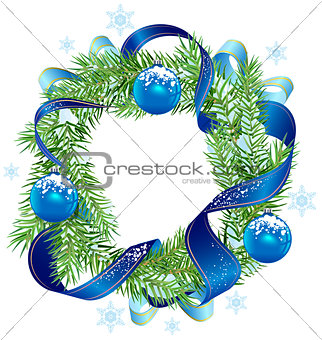 Christmas wreath decorated ribbon and blue balls