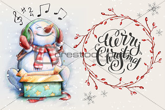 Snowman listening Christmas song